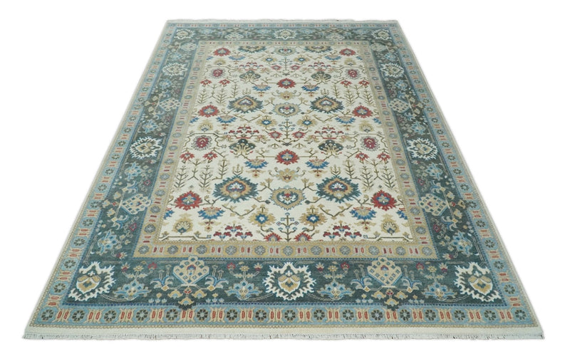 10x14 Hand Knotted Ivory, Camel and Teal Persian Oushak Wool Area Rug | TRDCP8941014