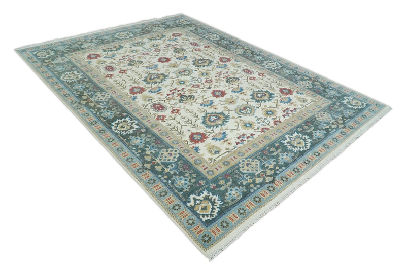 10x14 Hand Knotted Ivory, Camel and Teal Persian Oushak Wool Area Rug | TRDCP8941014