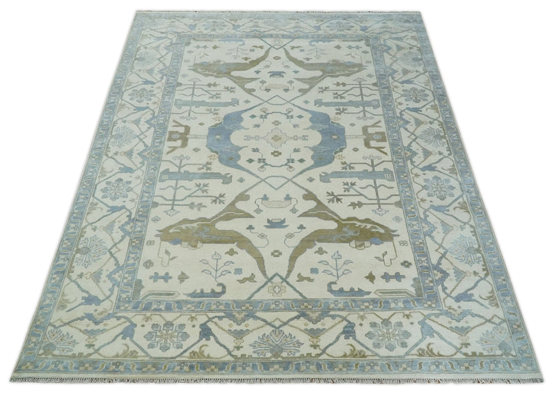 10x14 Ivory, Charcoal and Olive Hand knotted Traditional Oriental Oushak Wool Area Rug