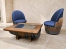 Whiskey & Wine Barrel Lounge Chair — Hidden Storage, Memory Foam, Blue Denim Upholstery (Limited)