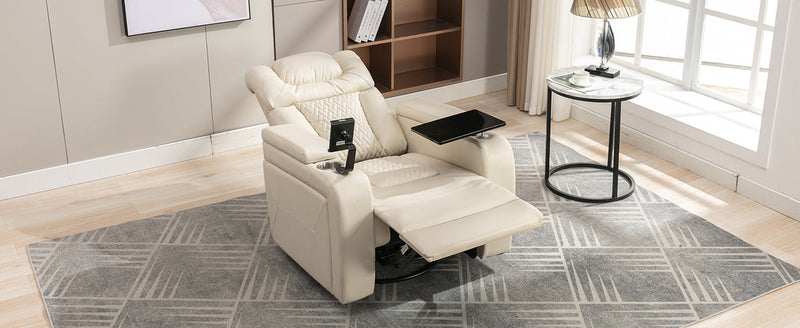 270 Degree Swivel PU Leather Power Recliner Individual Seat Home Theater Recliner with Comforable Backrest, Tray Table, Phone Holder, Cup Holder, USB Port, Hidden Arm Storage for Living Room, White