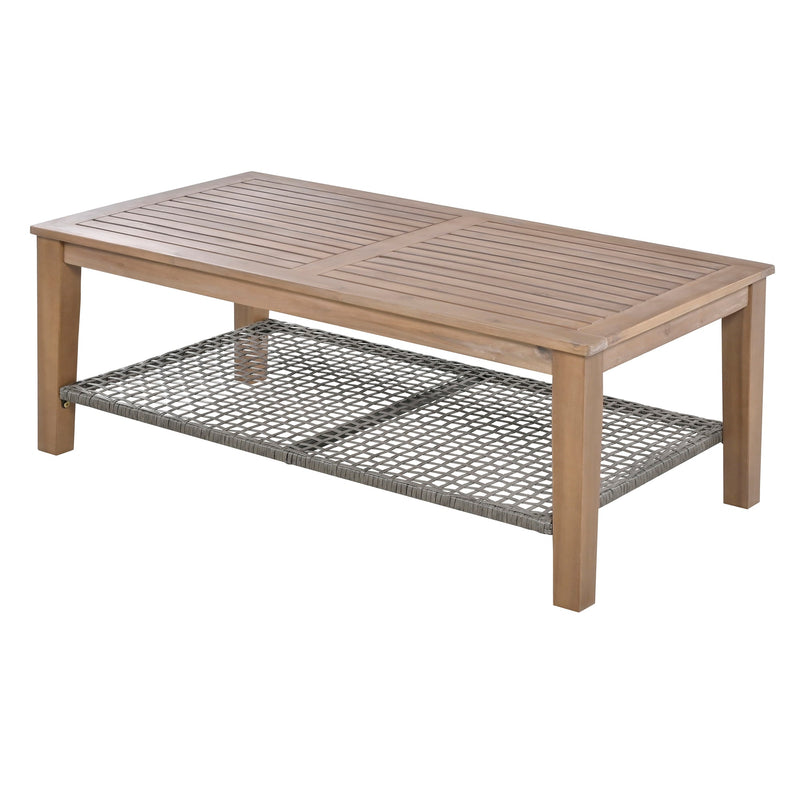 4-Piece Rattan Outdoor Conversation Sofa Set with Wooden Coffee Table and Cushions Seating 5 People for Patio, Garden and Backyard (Grey)