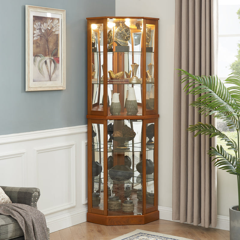 6 Shelf Corner Curio Display Cabinet with Lights, Mirrors and Adjustable Shelves, Oak