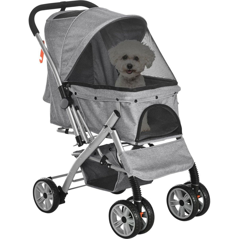 Travel Pet Stroller for Dogs, Cats, One-Click Fold Jogger Pushchair with Swivel Wheels, Braket, Basket Storage, Safety Belts, Adjustable Canopy, Zippered Mesh Window Door, Grey