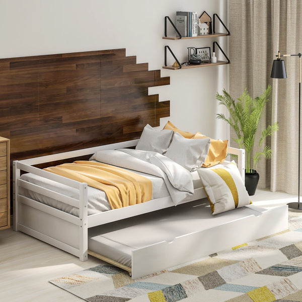 Twin Size Daybed with Trundle Frame Set with Pine Wood Construction - White