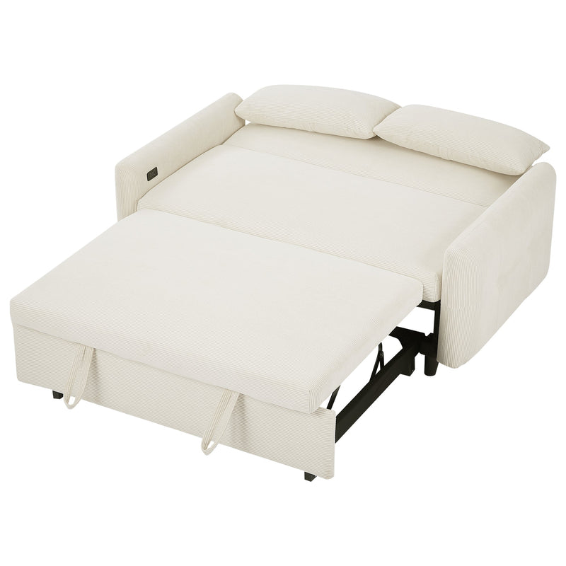 57.48" Pull-out Sofa Bed Convertible Couch 2 Seat Loveseat Sofa Modern Sleeper Sofa with Two Throw Pillows and USB Ports for Living Room, Beige