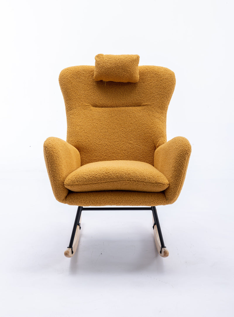 35.5 inch Rocking Chair, Soft Teddy Velvet Fabric Rocking Chair for Nursery, Comfy Wingback Glider Rocker with Safe Solid Wood Base for Living Room Bedroom Balcony (TURMERIC)