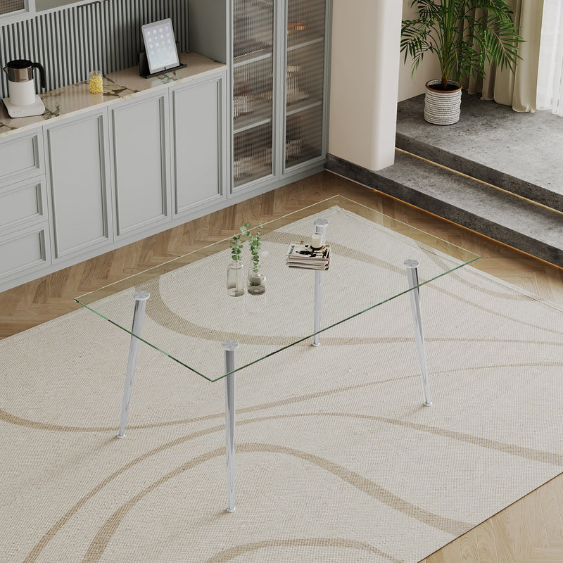 0.32" Thick Tempered Glass Top Dining Table with Silver Stainless Steel Legs