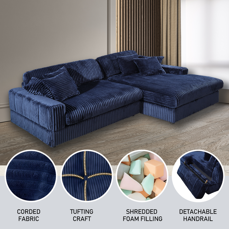 Modern Corduroy Blue Corner sofa Sleeper Sofa Couch With Comfy Deep Seat& 6 Pillows