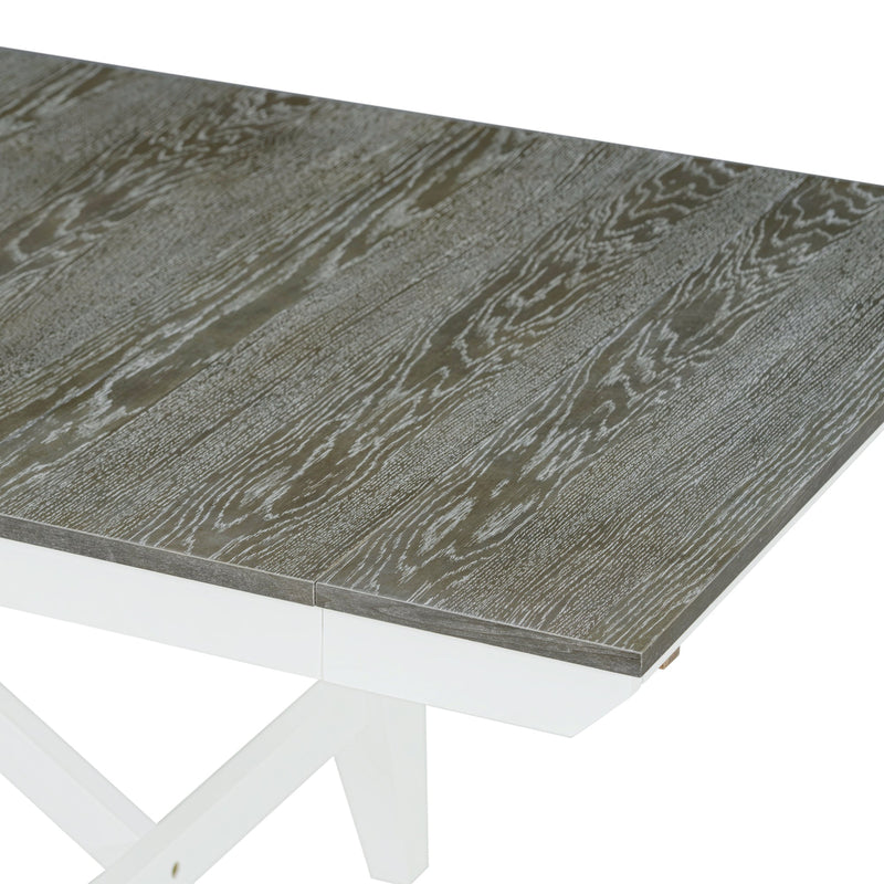 6-Piece Classic Dining Table Set, Rectangular Extendable Dining Table with two 12"W Removable Leaves and 4 Upholstered Chairs & 1 Bench for Dining Room (Brown+White)