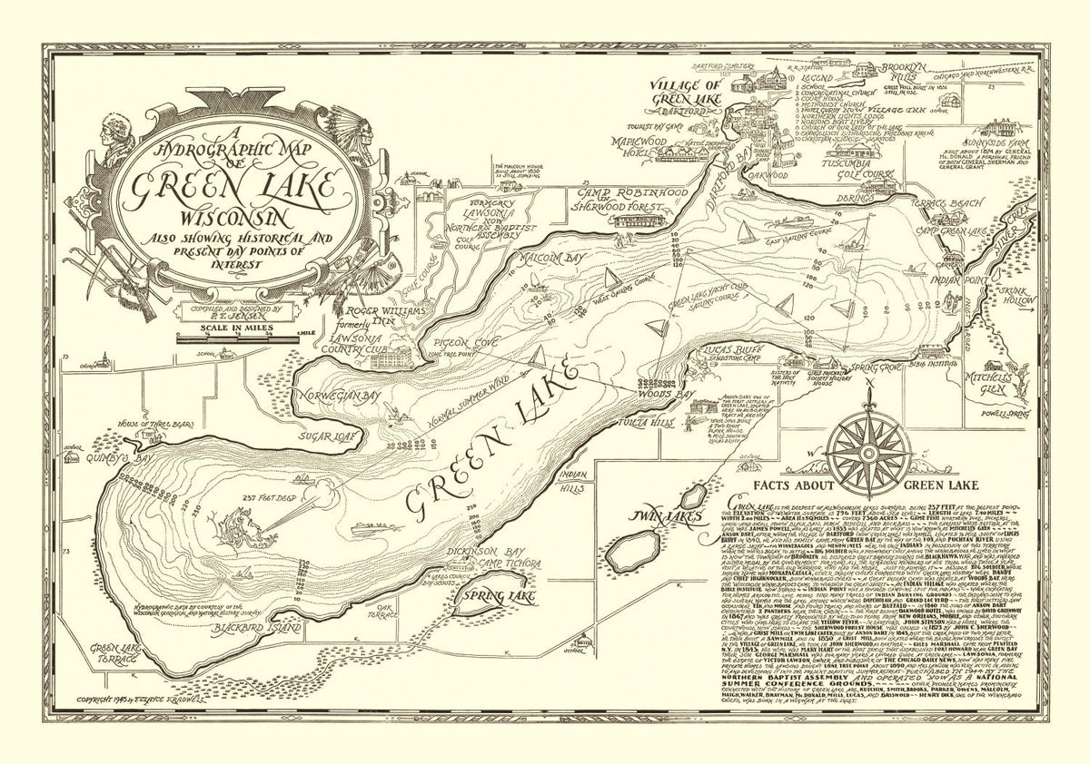 Vintage Green Lake, WI Map 1945, photo 5 of 5