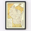 Vintage Railroad Map of Wisconsin 1908