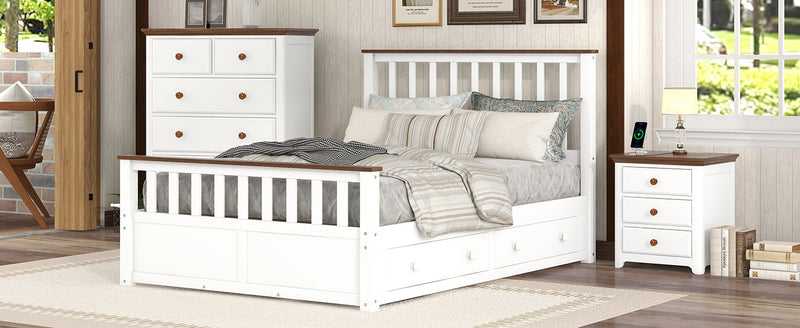 3-Pieces Bedroom Sets Full Size Platform Bed with Nightstand(USB Charging Ports) and Storage Chest,White+Walnut