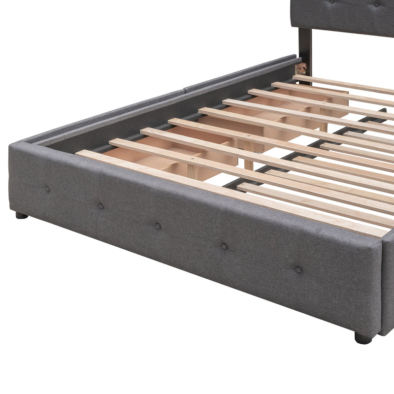 Upholstered Platform Bed with 2 Drawers and 1 Twin XL Trundle, Linen Fabric, Queen Size - Dark Gray