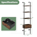 5-Tier Ladder Bookcase with Drawer and Metal Frame for Study Home Office-Rustic Brown by LJGDeals