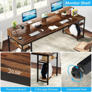 2 Person Desk With Monitor Stand, Long Office Workstation With Dual Storage Shelves And Frame - Brown / Black by HouseOfZazla