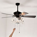 52" Crystal Shade Ceiling Fan Lamp, 3 Speed, 4 Timing, 5 Reversible Blades Crystal Ceiling Fan, 5 Pieces X E12 (No Include Bulb), Hand Pull Chain - Matte Black by HouseOfZazla