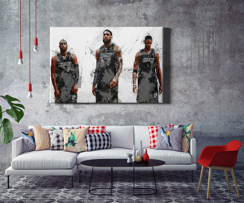 Miami Heat Big 3 Poster Basketball Painting Hand Made Posters Canvas Print Kids Wall Art Home Man Cave Gift Decor