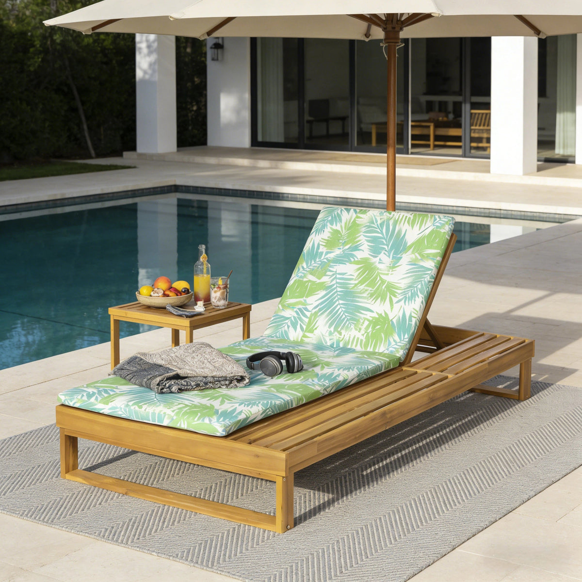 Teak Finish Acacia Wood Chaise Lounge with Leaf Coconut Cushion, photo 10 of 10