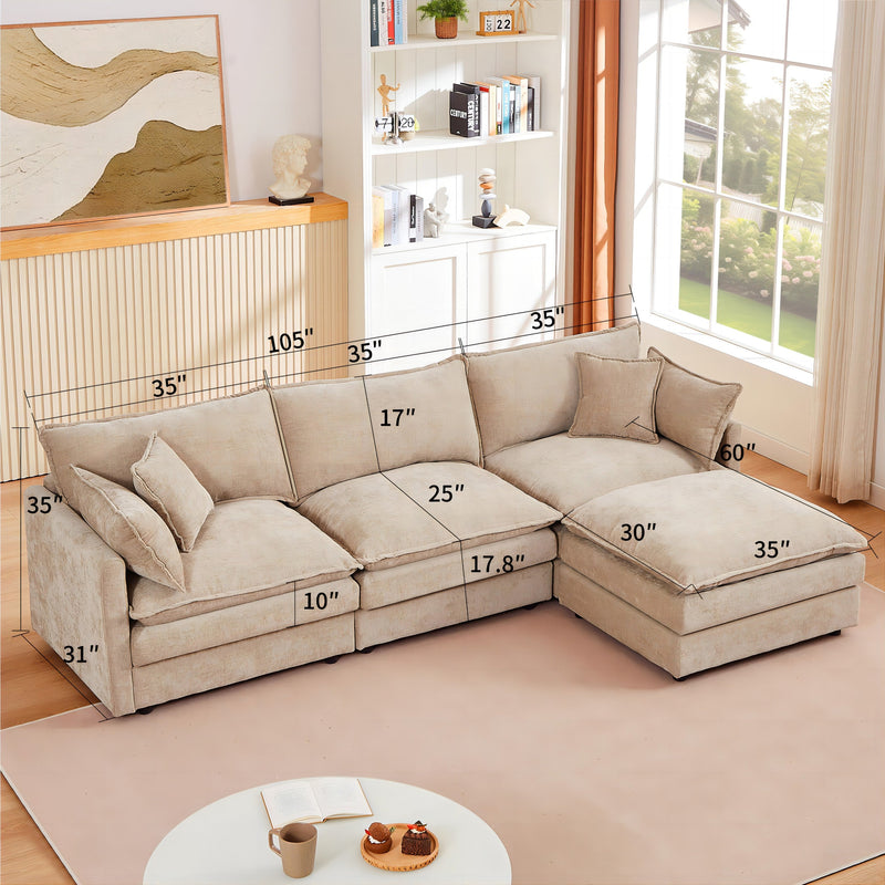 Modular L-Shaped Sectional Sofa Set with Movable Ottoman, Chenille, Coffee, 105 Inches