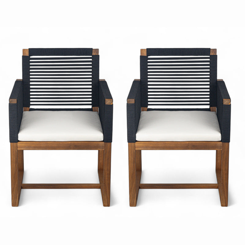 Outdoor Dining Chairs Set of 2, Acacia Wood Patio Armchair with Rope Design Back and Arms and Washable Cushion,for Backyard, Poolside, Garden,Black
