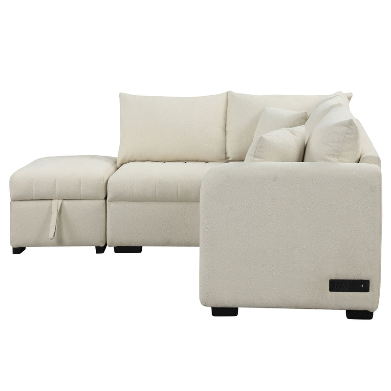 82.6" L-shaped Sectional Pull Out Sofa Bed Sleeper Sofa with Two USB Ports, Two Power Sockets and a Movable Storage Ottoman, Beige
