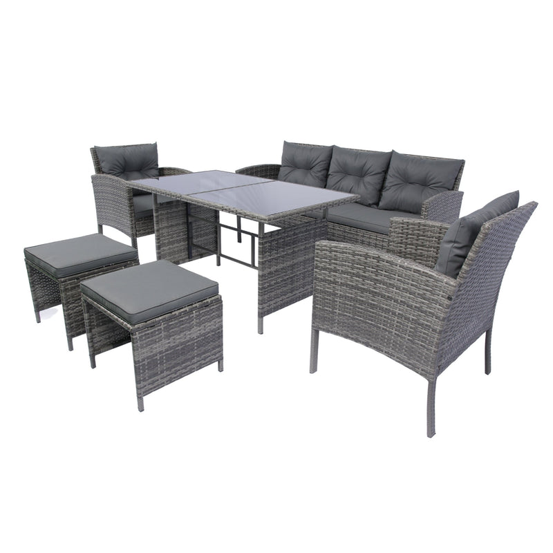 6 Piece Patio Wicker Sectional Set Patio Backyard Conversation Set Grey Wicker + Dark Grey Cushion