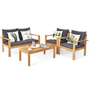 Outdoor 4 Pieces Acacia Wood Chat Set with Water Resistant Cushions-Gray