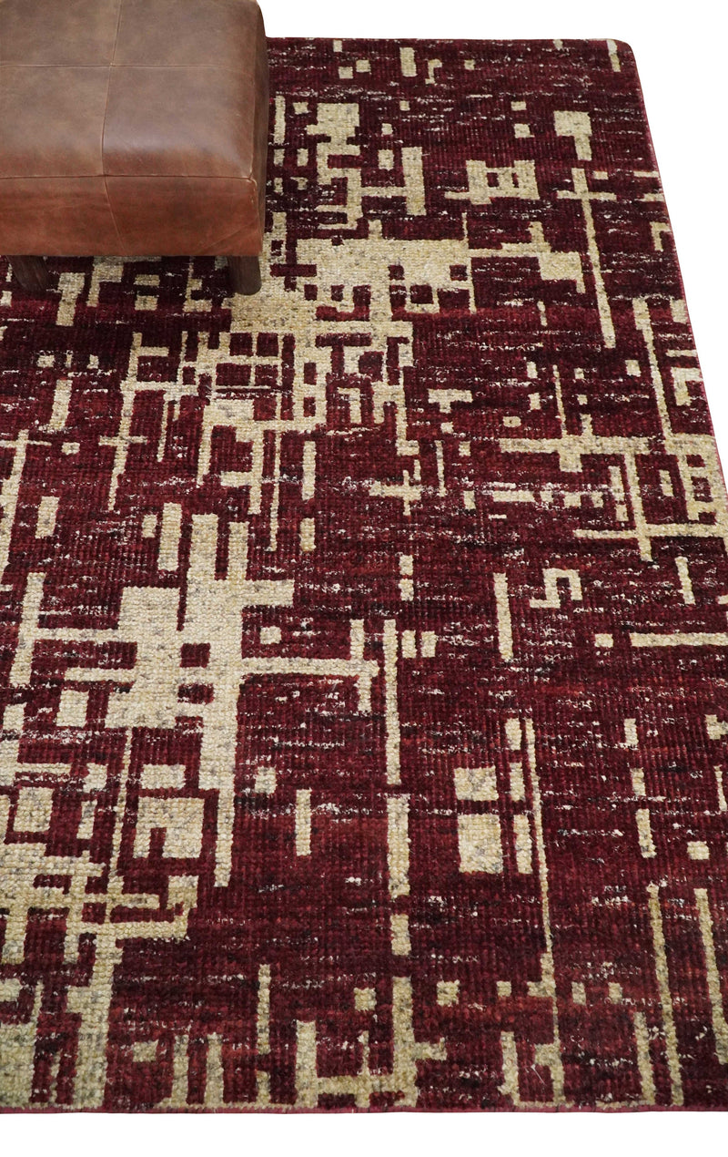 4x6 Hand Knotted Camel and Maroon Modern Abstract Contemporary Recycled Silk Area Rug | OP64