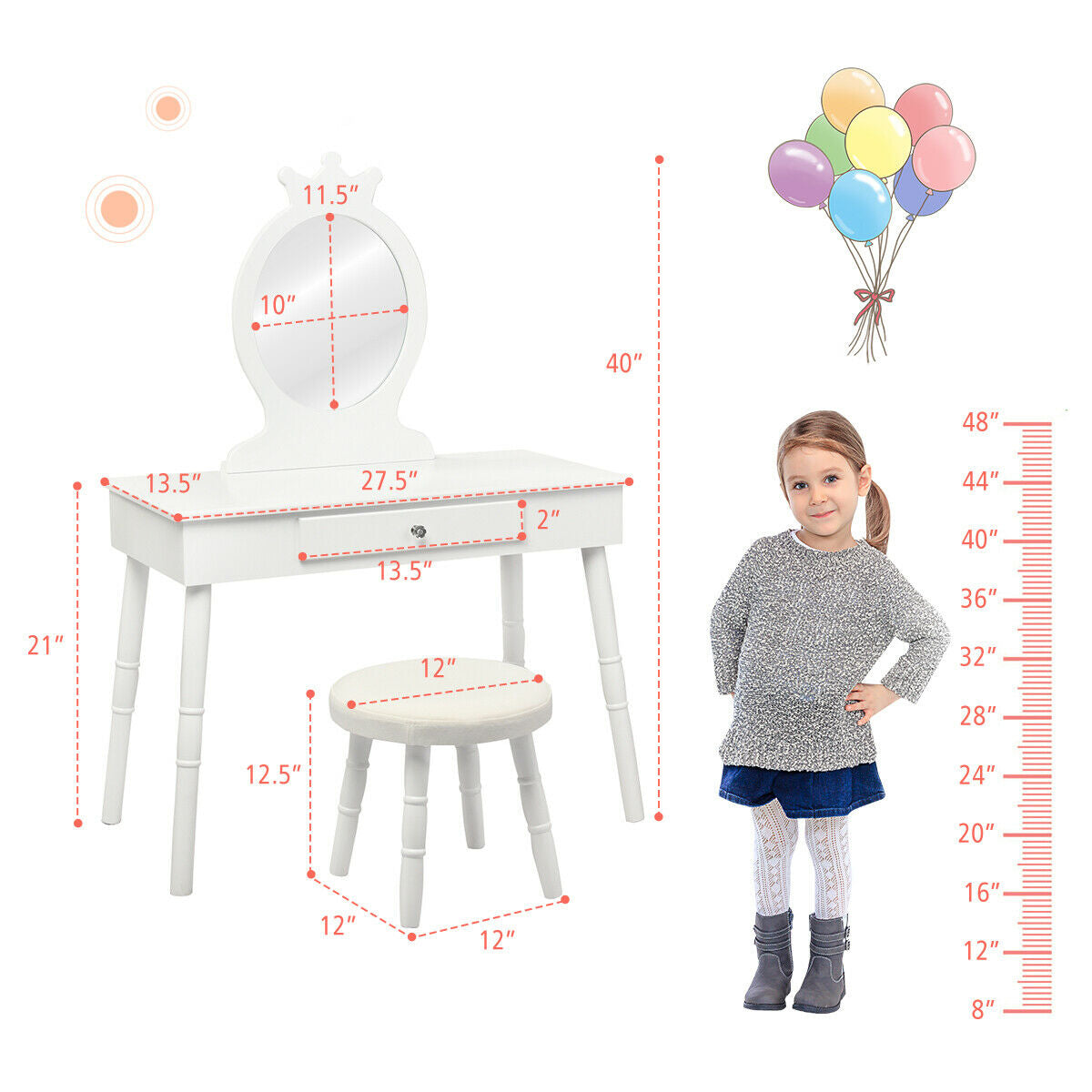 Kids Vanity Makeup Table & Chair Set Make Up Stool-White, photo 5 of 8