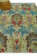 Custom Made Vintage Floral Ikat Design Beige And Blue Hand Knotted Wool Rug