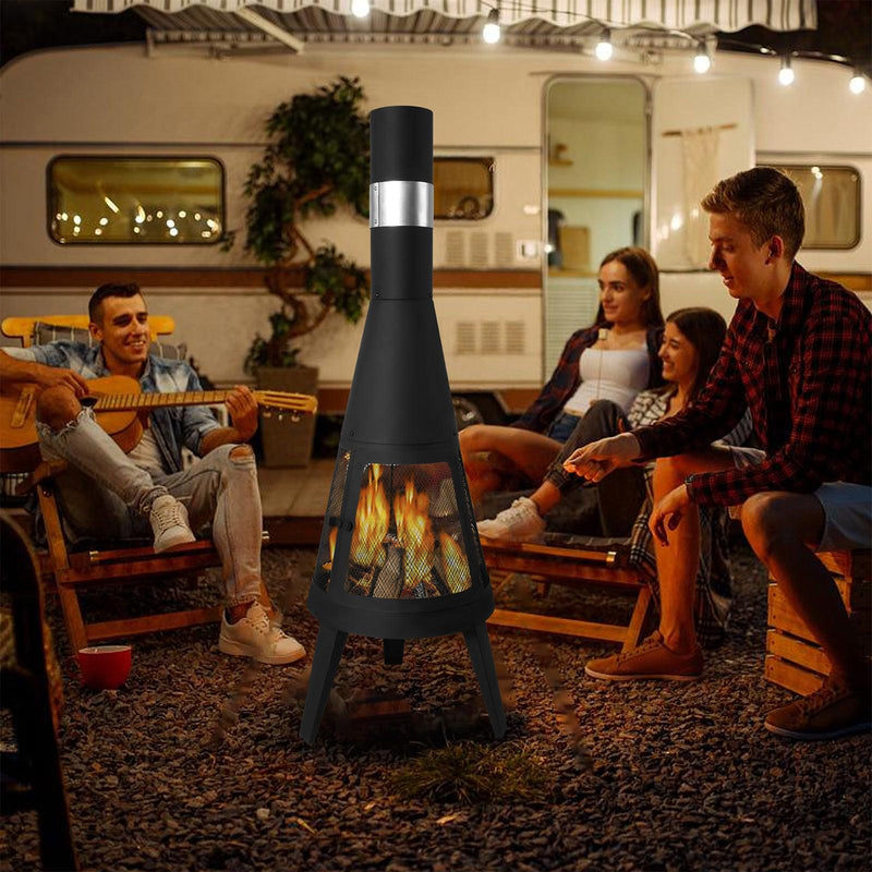 Chiminea Outdoor Fireplace 47.6" Metal Wood Burning Fire Pit with Log Grate, Black