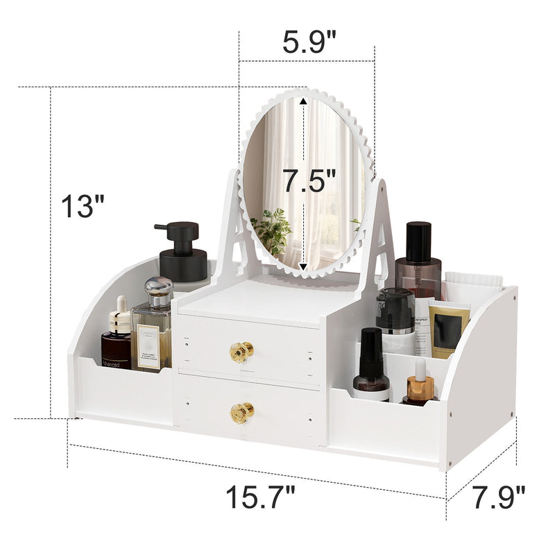 Cosmetics Storage for Vanity with Rotating Mirror, 2 Drawers and 4 Compartments Makeup Storage