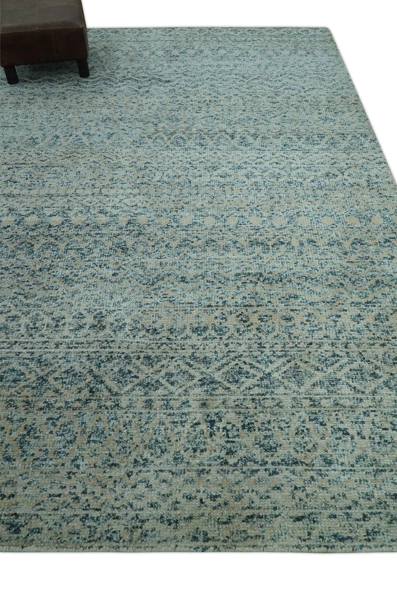 6X9 Teal and Beige Hand Knotted Southwestern Tribal Trellis recycled silk Rug