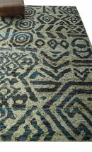 Hand Knotted Beige, Charcoal and Blue Antique Design Contemporary Recycled Silk Rug