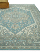 Wool Area Rug Hand Knotted Traditional Heriz Geometric Blue Ivory Camel Gray Persian