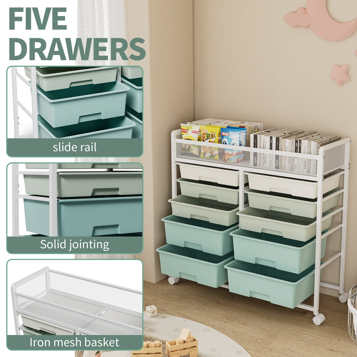 White Large Capacity 2-Row 10-Drawer Rolling Storage Cart, photo 5 of 10