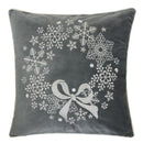 Gray Velvet Holiday Throw Pillow with Snowflake Wreath Embroidery