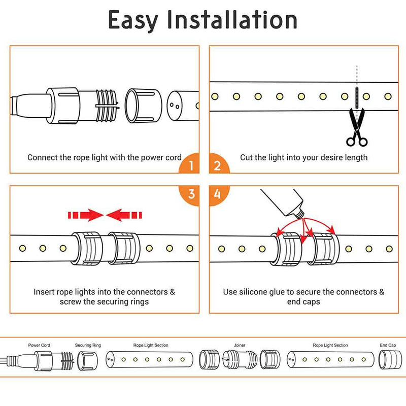 DIY 150ft Waterproof LED Rope Light with Power Cord & Connector