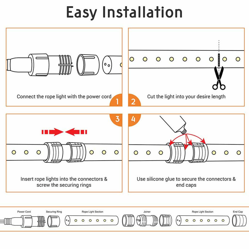 DIY 50ft Waterproof LED Rope Light with Power Cord Connector