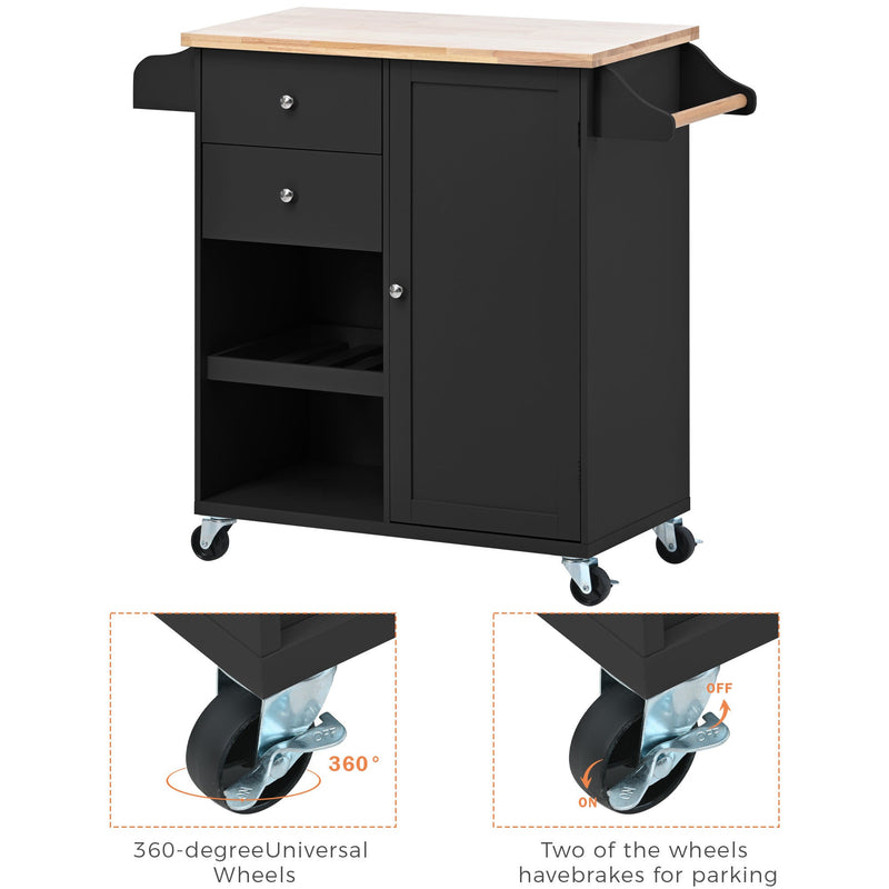 Kitchen Cart with Spice Rack, Towel Rack & Two Drawers, Rubber wood top, Kitchen Island with 4 Wheels for Dining Rooms Kitchens Living Rooms, Black