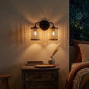 Quell - Double Light Vanity With Natural Shade Wall Lamp - Black / Rattan by HouseOfZazla