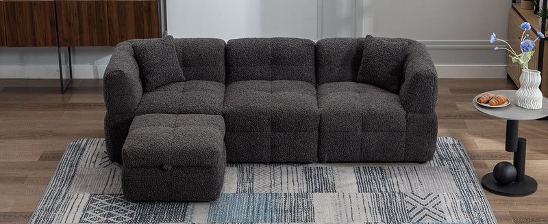 87.7" Sectional Sofa Cozy Teddy Fleece Fabric Sectional Sofa Couch with Two USB Ports a Movable Storage Ottoman and Two Lumbar Pillows for Living Room, Gray