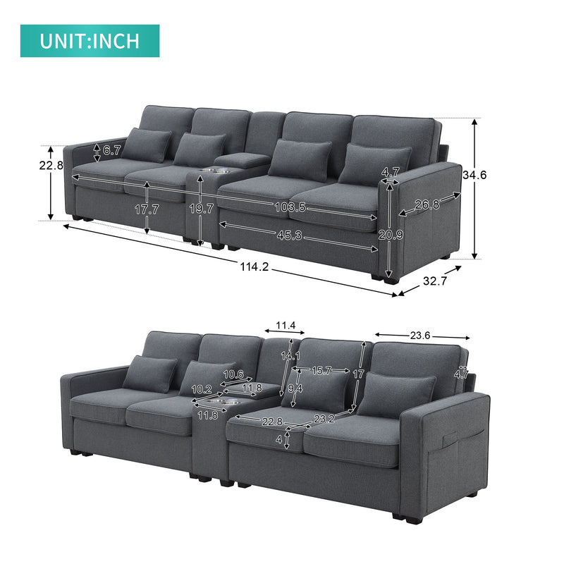 Walker Edison | Modern Linen 114" Sofa with Console and USB