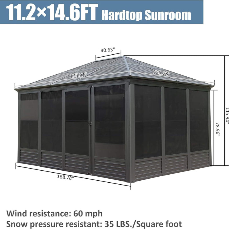 [11X14FT] Premium Four Season Outdoor Aluminum Hardtop Gazebo Sunroom With Galvanized Steel Roof, Sliding Doors And Movable PVC Screen Walls (SAK88776)