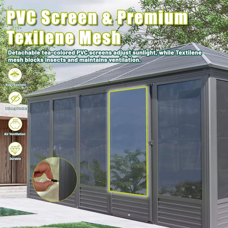 [11X14FT] Premium Four Season Outdoor Aluminum Hardtop Gazebo Sunroom With Galvanized Steel Roof, Sliding Doors And Movable PVC Screen Walls (SAK88776)