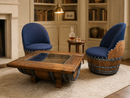 Whiskey & Wine Barrel Armchair with Hidden Safe — Memory Foam, Dark Navy Blue Upholstery