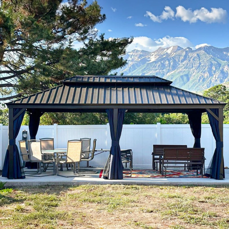 [12x20FT] Heavy Duty Outdoor Backyard Hardtop Gazebo With Netting And Curtains (SAK18352)