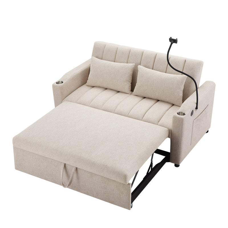 55.9" Convertible Sofa Bed Loveseat Sofa with Three USB Ports, Two Side Pockets, Two Cup Holders and 360Swivel Phone Holder for Living Room, Beige
