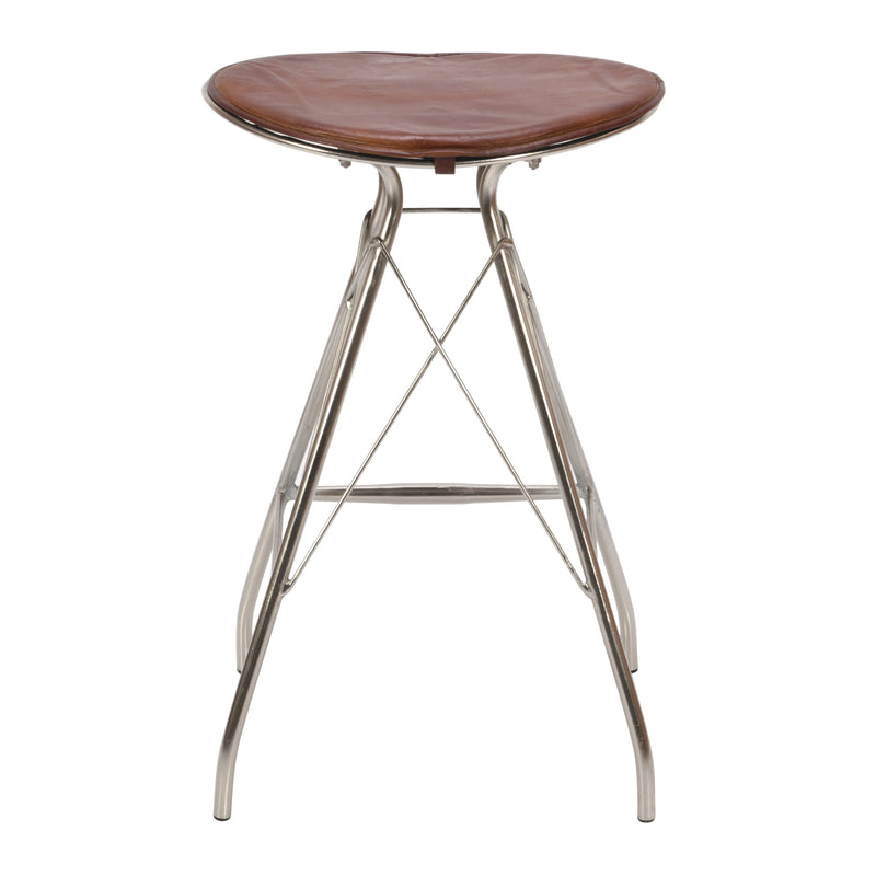 30 Inch Metal Frame Bar Stool, Round Genuine Leather Seat, Dark Brown, Silver